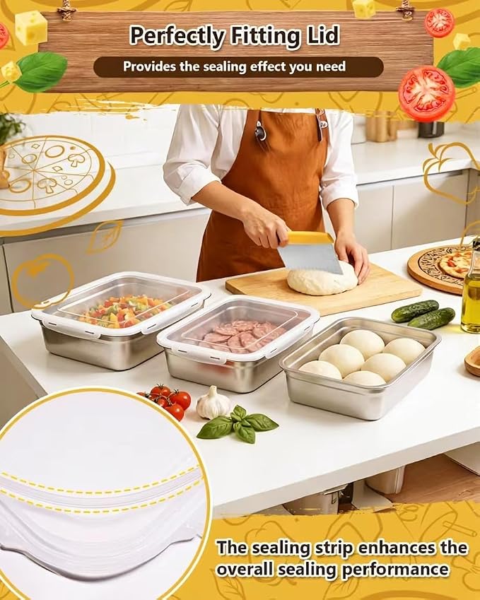 2 Pack Pizza Dough Proofing Box, 10L Stainless Steel Proofing Container with Clear Airtight Lid, Stackable Fermentation Storage for Dough Balls & Bread, Includes Cutter