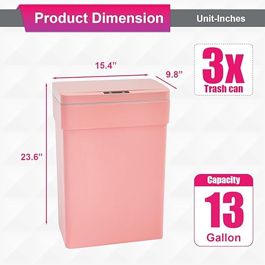 PayLessHere 13 Gallon 50 L Trash Can with Lid Plastic Kitchen Trash Bin Automatic Touch Free Motion Sensor Trash Can (3, Pink)