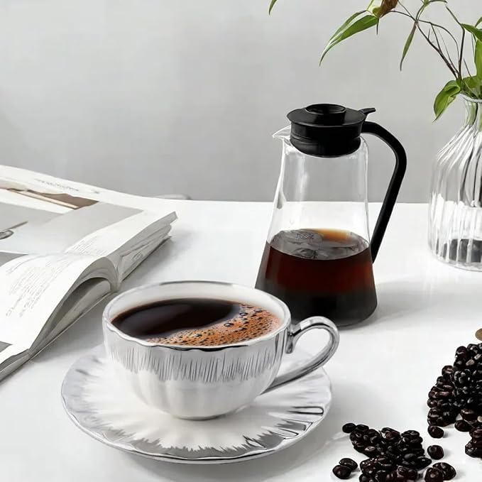 Gold Rimmed Ceramic Coffee Mug with Saucer Cappuccino Mug, 6 oz, for Coffee, Latte, Tea, Set of 6 (silver, Medium)