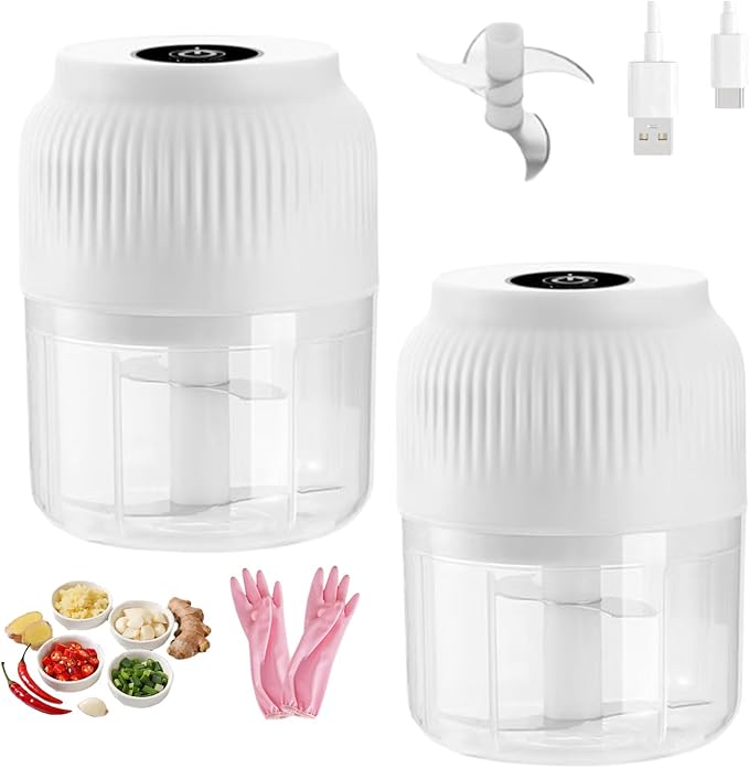 Household Electric Garlic Crusher, Electric Garlic Chopper, Usb Rechargeable Chopper With Stainless Steel Blades, One-Touch Mini Kitchen Helper, Easy To Clean, For Vegetables (White*2, 4 blades)