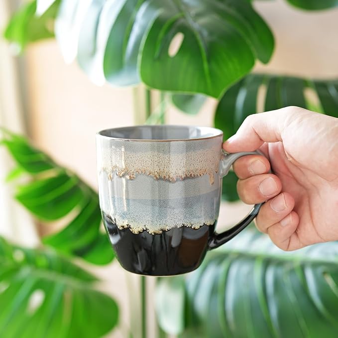 Bosmarlin Ceramic Coffee Mug Set of 4, 17 Oz, Coffee Cups with Big Handle, Microwave Safe, Unique Reactive Glaze (17 Oz, Grey)