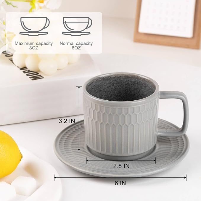 8oz Cappuccino Cups with Saucers Set of 4, 8 Ounce Stackable Embossed Ceramic Coffee Mugs for Specialty Coffee Drinks, Latte Mugs, Cafe Mocha and Tea, Dishwasher & Microwave Safe (Grey)