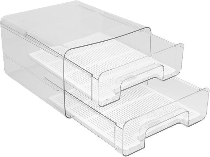 Fridge Drawers with Lids Stackable Pull Out Fridge Storage Containers Double Layer Clear Plastic Refrigerator Organizer Bins with Drain Tray for Kitchen Refrigerator Cabinets