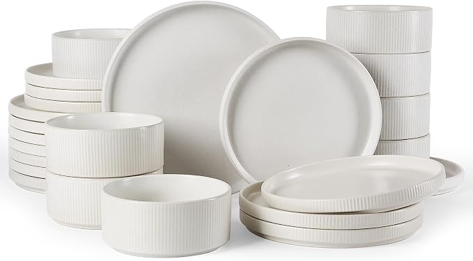 Famiware Star Plates and Bowls Sets, Modern Stoneware Dinnerware Sets for 8, 24-Piece Kitchen Dish Set - Microwave and Dishwasher Safe, Chip and Scratch Resistant, Matte White