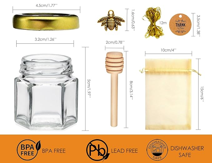 Ahhute Honey Jar, Mini Honey Jars with Dipper, Glass Honey Pot Baby Shower Favors, Party Favors & Wedding Favors, Hexagon Honey Container with Lid, Bee Charms, Fabric Ribbons and Bags, 20 Pack 1.5oz