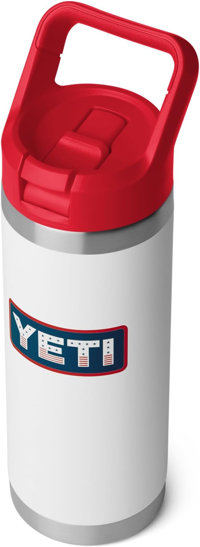 YETI Rambler 18 oz Bottle, Vacuum Insulated, Stainless Steel with Color Matching Straw Cap, White/Rescue Red/Badge