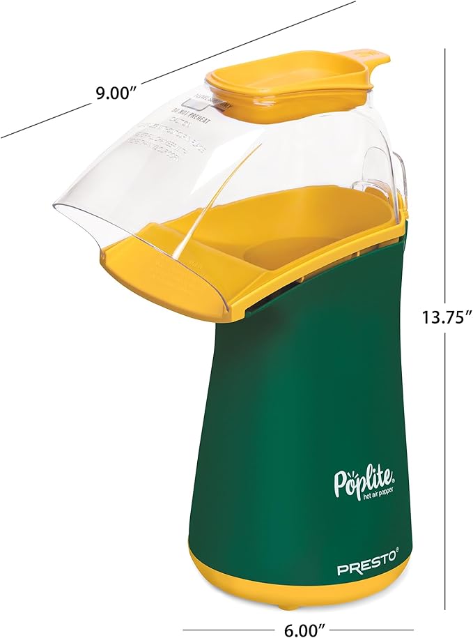 Presto 04870 Poplite Hot Air Popcorn Popper - Built-In Measuring Cup + Melts Butter, Easy to Clean, Built-In Cord Wrap, 18 Cups, Green/Gold