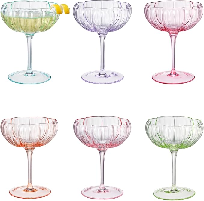 Khen Flower Vintage Wavy Glass Coupes Martini, Champagne & Cocktail Coupes - Set of 6-7oz Colorful Cocktail Glasses & Champagne, Prosecco, Mimosa Glassware Copyright Design - Bright Colors