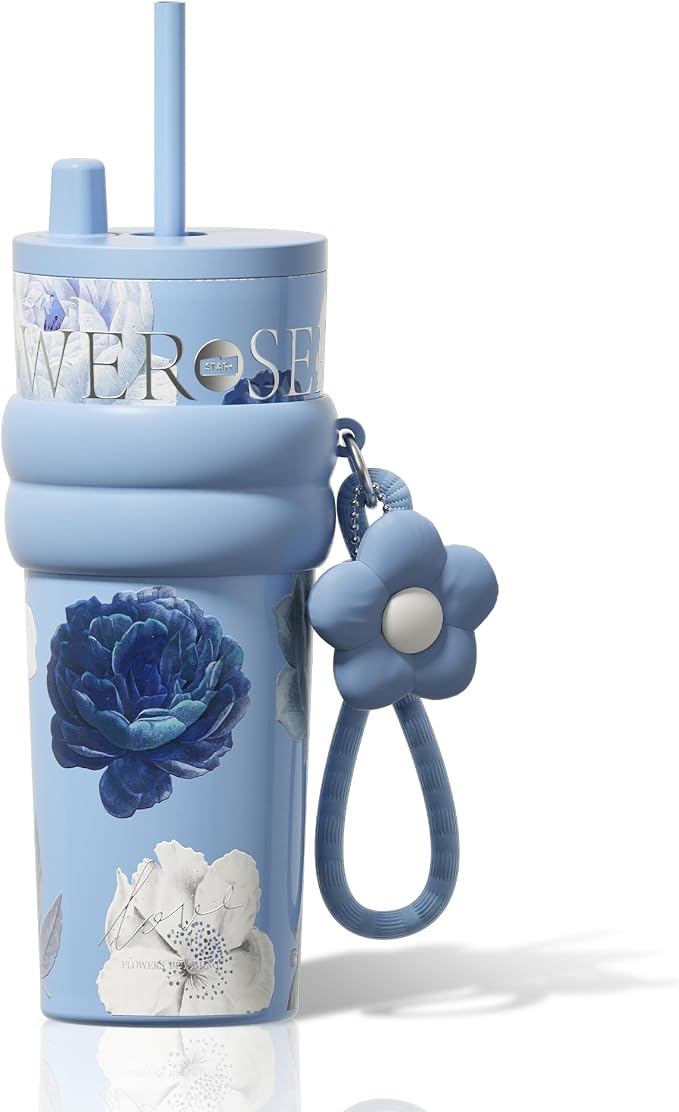 24 oz Stainless Steel Tumbler with Lid and Straw, Insulated Coffee Mug, Leak Proof, Portable Iced Travel Water Bottle, Reusable Thermal Coffee Cup, Floral Blue