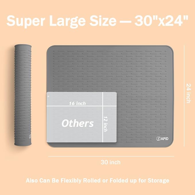 Extra Large 30 x 24 Inch Silicone Dish Drying Mat for Dish Drying Rack, Easy Clean Silicone Drying Mat for Kitchen Counter, Non-Slip Dish Drain Matt, Heat Resistant Silicon Dish Mat, Gray, SAPID