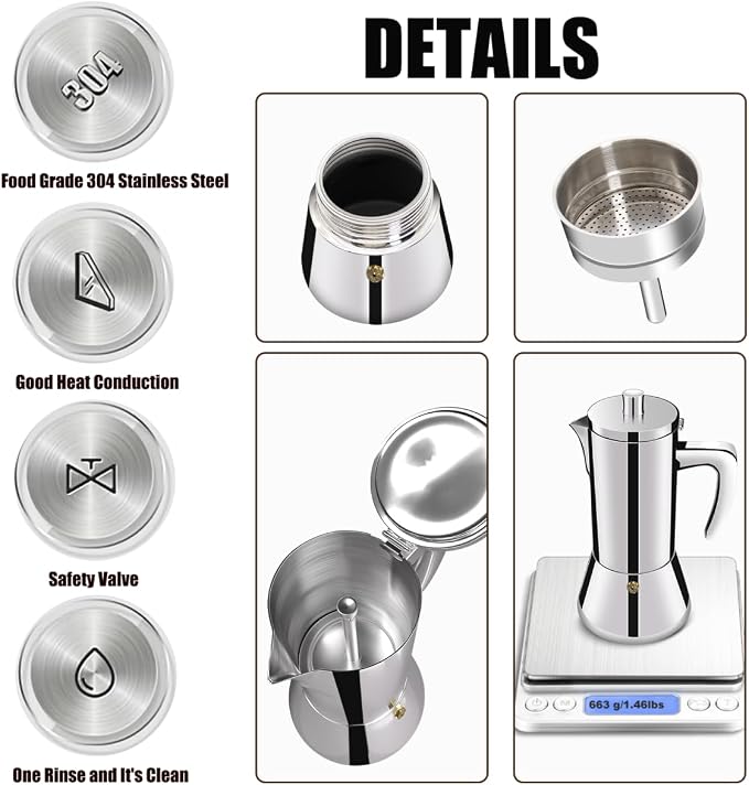 4 Cup Thickened 304 Stainless Steel Moka Pot Stovetop Espresso Maker Cafeteras Italian Percolator Espress Makers Capable Greca Mocha Coffee Machine for Induction Home and Camping 200ml 6.6oz