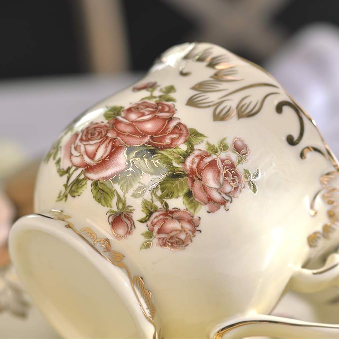 YOLIFE Tea Cup and Saucer Set, 8 oz Tea Cup Set, Teacup, Ceramic Tea Cup with Saucer Spoon, Ivory Vintage Pink Rose Floral with Gold Leaves Trim, Gifts for Women