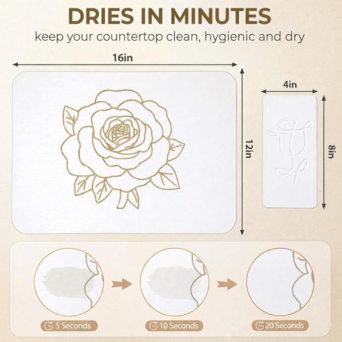 Stone Dish Drying Mat for Kitchen Counter, Glittery Resin Rose Pattern Quick Drying Mat, Water Absorbing Diatomaceous Pad for Plate Bottle Utensil Rack,Space Saving (Gold & White, 16"×12")