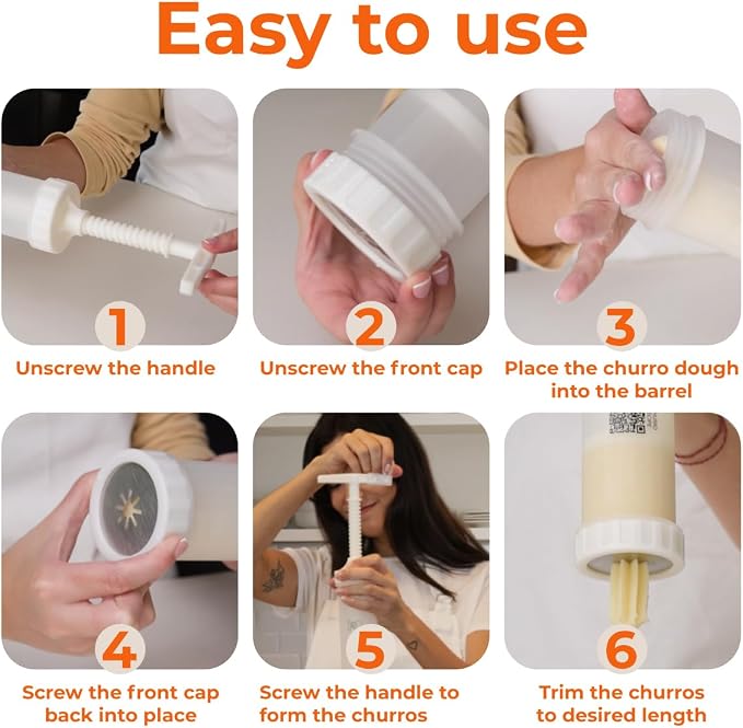 KneadEat Churro Maker - Churreera Kit With Booster-Powered Handle - Piping Bag with Filler Needle And QR Recipe For Filled Churros At Home And Baking Projects With Kids - 3-nozzles