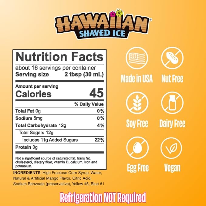 Hawaiian Shaved Ice Mango Syrup - Nut Soy Dairy Free - Flavor Fluffy & Crunchy Snow Cones - Shelf Stable - Makes 8 Servings - 16 ounces