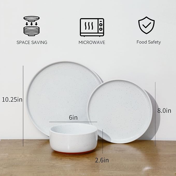 GZG Modern Art Series - 18 Pcs Speckled Stoneware Plates and Bowls Sets, Ceramic Dinnerware Set with Rustic Terracotta Underside, Microwave and Dishwasher Safe Handcrafted Dishes Set - Porcelain White