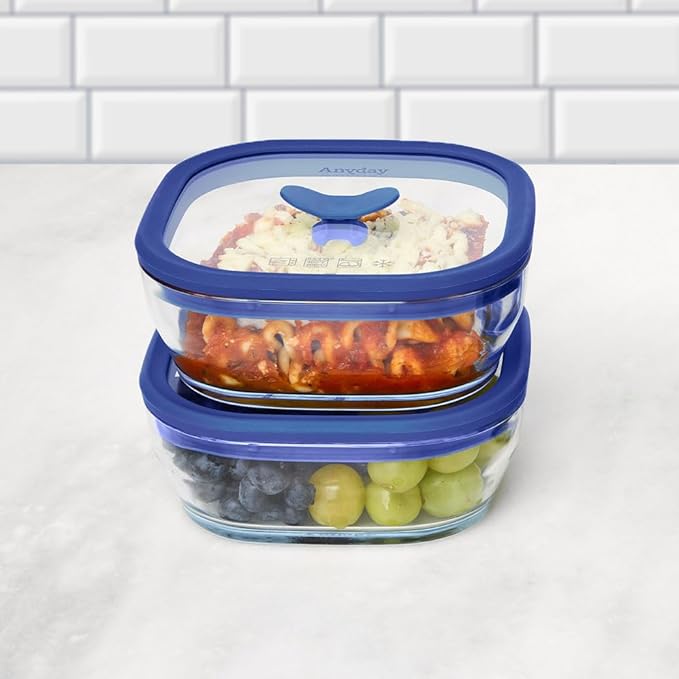 Anyday 2 Pack 2.5 Cup Microwavable Glass Lunch Containers With Glass Lids, Microwave Safe Lunch Bowls with Lids for Work, Food Storage, Bento Box Meal Prep Container