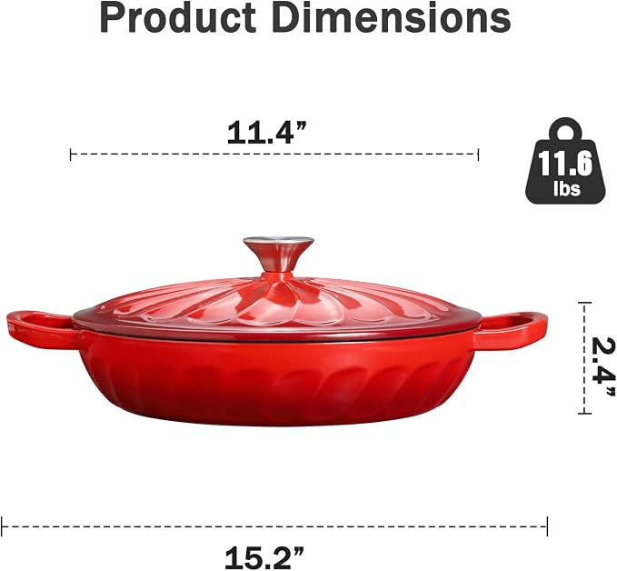 Enameled Cast Iron Dutch Oven, 3.8 Quart Dutch Oven Pot with Lid, Shallow Cast Iron Braiser with Handles, Oven Safe up to 500°F (Red)