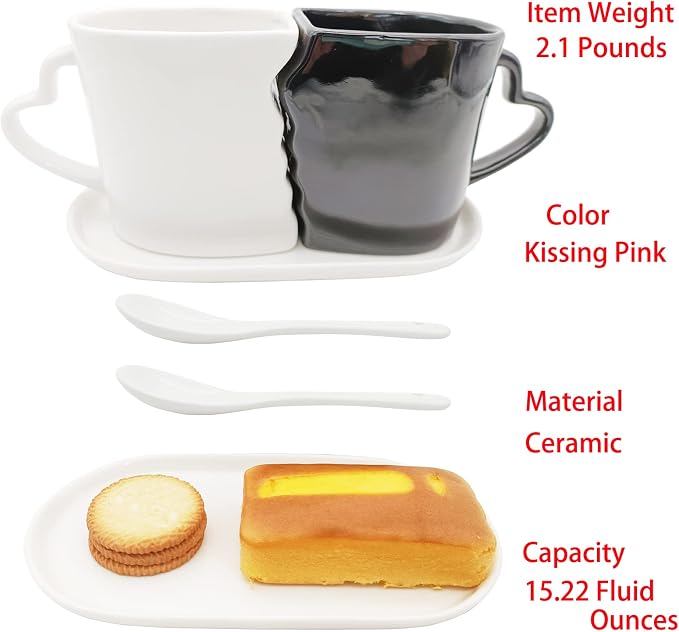 Large Kissing Mugs Set 16oz Kiss Couples Two Coffee Cups with Saucer Love Gifts for Anniversary, Wedding, Valentines, Birthday, Engagement, Lovers Household Tableware White Black Ceramic