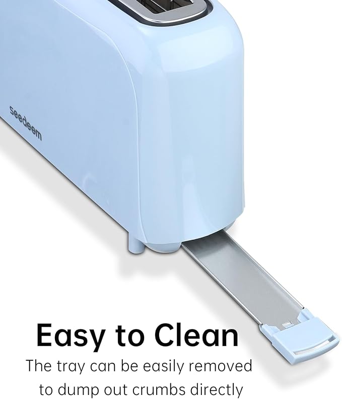 SEEDEEM 2 Slice Slim Toaster, Single 10" Long Slot Toaster Fits Bagels & Artisan Bread, 6 Shade Settings, Cancel/Reheat/Defrost, Removable Crumb Tray, Auto Shut-Off, Blue