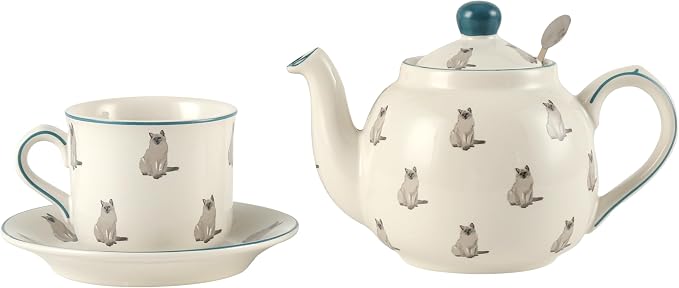 London Pottery Porcelain Coffee Cup with Saucer 220ml/7.4oz, British Teacup Set for Latte, Cappuccino, Espresso, Tea Party Wedding Birthday Housewarming Gift (Cat，Cup and Saucer, 220ml)