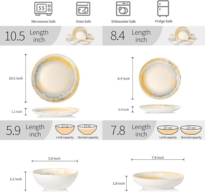 DOMICREVERY Ceramic Dinnerware Sets for 4, 16 pcs Plates and Bowls Sets, Lemon Sea