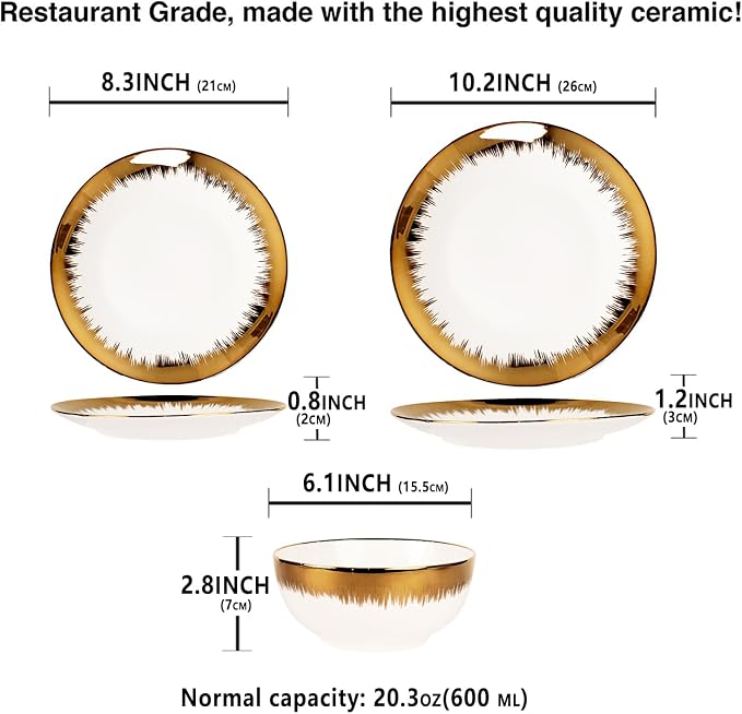 Dinnerware Sets(12Pcs) Serves for 4, Modern Dinnerware, Gilded Edge Plates and Bowls Set with 8.3"Small Plate 10.2"dinner Plate 6.1"Soup bowl, apply Indoor Outdoor (Gilded set)