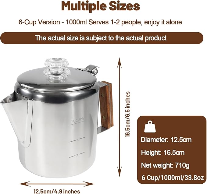 6 Cup Percolator 304 Stainless Steel Coffee Pot Coffee Maker Coffee Machine with Solid Wood Handle Transparent Knob Stovetop Greca Mocha for Induction Home and Camping 1000ml 33.8oz