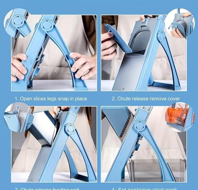 Safe Mandoline Slicer for Kitchen, Adjustable Vegetable Cutter with Container, 40+ Cuts No Blade Change, 0.1-8mm Thickness, Stainless Steel Blades for Potato, Onion & Salad (Blue)