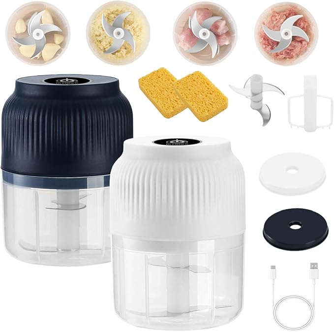 2026 Upgrade Electric Garlic Chopper, Mini Portable Veggie Chopper, 300ml Food Choppers Cordless, USB Charging Small Garlic Cutter for Mashing Onion, Chili, Ginger (Mix, 2pcs)