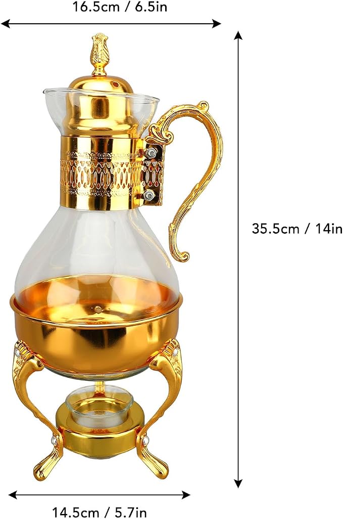 Glass Tea Pot with Warmer, 50 oz Vintage Espresso Kettle Heated Glass Coffee Pot with Handle, Heat Resistant Turkish Coffee Pitcher Teapot for Home Office Cafe Use (Gold)