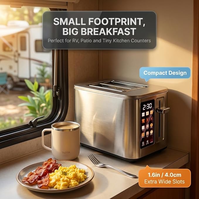 2026 Upgraded TAZTIR Touch Screen Toaster 2 Slice, Premium Stainless Steel Digital Bread Toaster with Timer, 1.5'' Wide Slot, 6 Shade Settings & 6 Bread Types, Bagel Defrost Reheat Cancel Functions