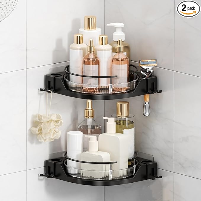 360°Rotating Corner Shower Caddy(2-Pack), No-Drill Adhesive Shower Shelf Organizer with Hooks, Lazy Susan Bathroom Storage for Bathtub, Shower Corner & Kitchen Sink, Space Saving Bathroom Organizer