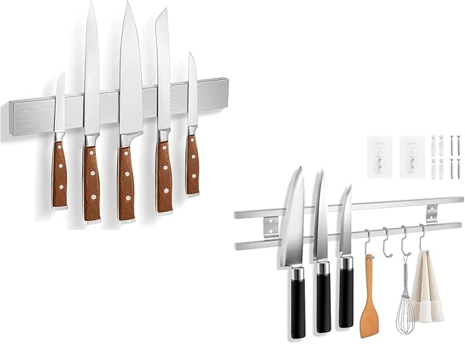 Magnetic Knife Holder for Wall 16 Inch Knife Magnetic Strip Refrigerator, 17 Inch Magnetic Knife Holder with 4 Hooks, Dual Rod Strong Magnet Knife Bar for Partry Garage Tool Rack