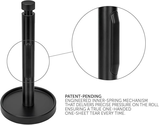 Ivilon Countertop Paper Towel Holder - Weighted Heavy Duty Steel Stand with Non-Slip Base for a Steady One-Handed One Sheet Tear - Fits All Rolls - Black