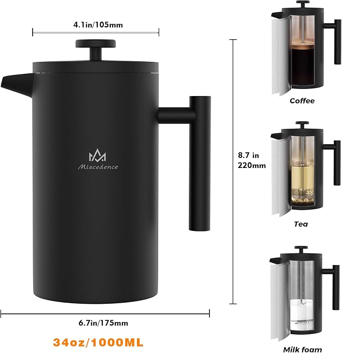 French Press Coffee Maker, 4-Layer Filtration, Double Wall 304 Stainless Steel Coffee Press, Heat Resistant Rust-Proof, Multi-Use for Coffee Tea Espresso Home Office Travel