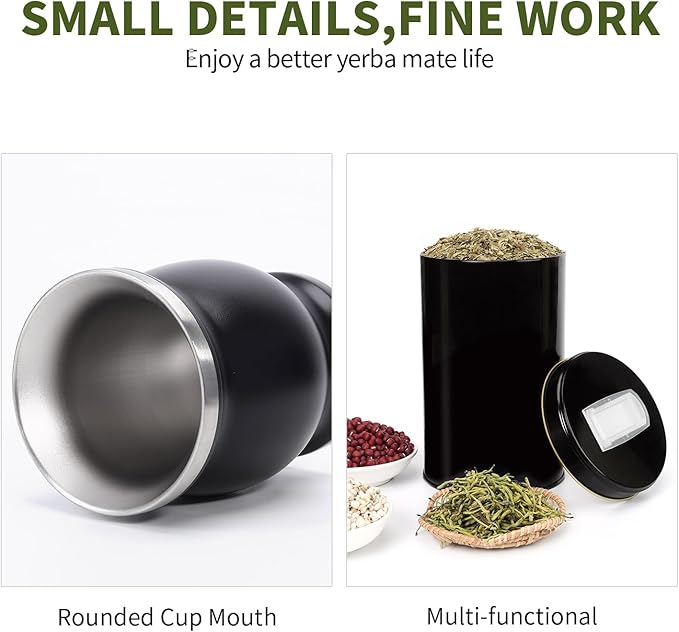Complete Yerba Mate Kit - Includes Argentina Mate Gourd, 2pcs Straw (Bombilla), Yerbero, 1000ml Insulated Bottle - Stainless Steel Yerba Mate Set (Black)