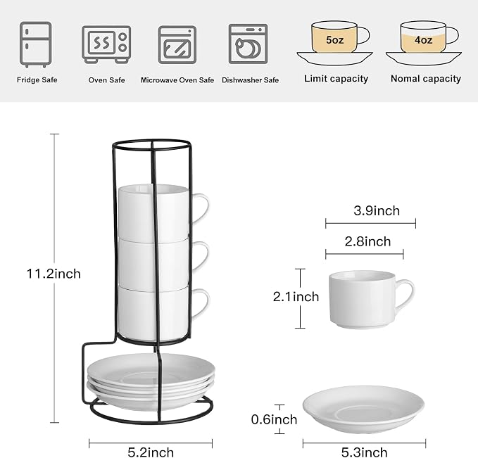 Espresso Cups Set of 4, 4oz Stackable Coffee Cups with Saucers and Metal Stand, White Demitasse Cups, Expresso Shots Cup Set