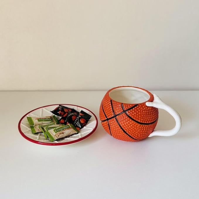 Ceramic Large Coffee Mug and Saucer set, 3D Handmade and Hand-painted Basketball and Basketball Net Design Tea Mug, 300ml(10oz)