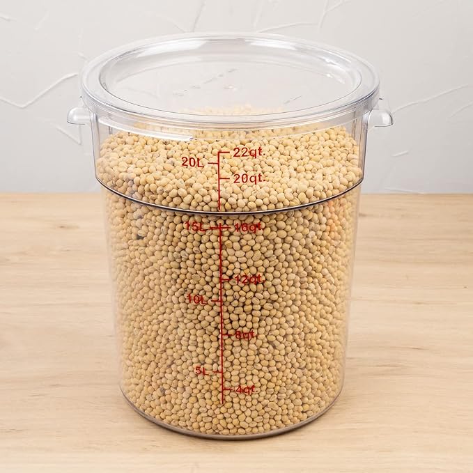 Restaurantware Met Lux 22 Quart Food Storage Container, 1 Round Commercial Storage Container - Lid Sold Separately, With Volume Markers, Clear Plastic Food Prep Bucket, Space-Saving Storage