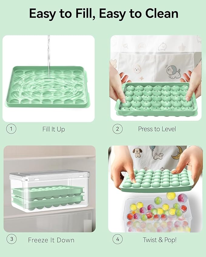 Round Ice Cube Trays with Lid and Bin - 1.0 Inch Small Sphere Ice Ball Maker for Freezer, Makes 70 Ice Balls, Stackable Ice Mold for Cocktails, Whiskey, Coffee & Drinks, BPA-Free Ice Trays for Freezer