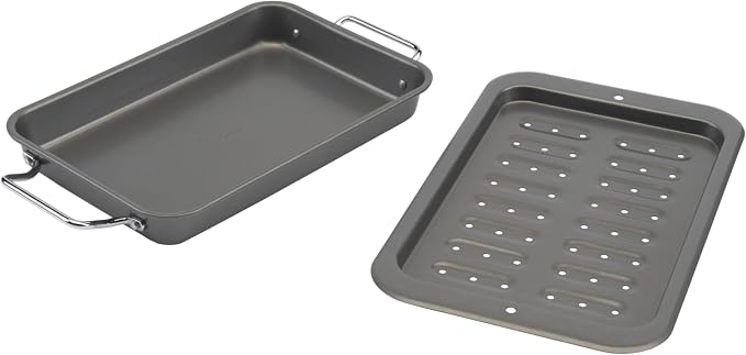 GoodCook Everyday Broiler Baking Pan with Built-in Handles Nonstick Warp-Resistant Heavy-Gauge Steel Construction Even-Heating Oblong Pan with Drip Rack, 7x11-Inch, Gray