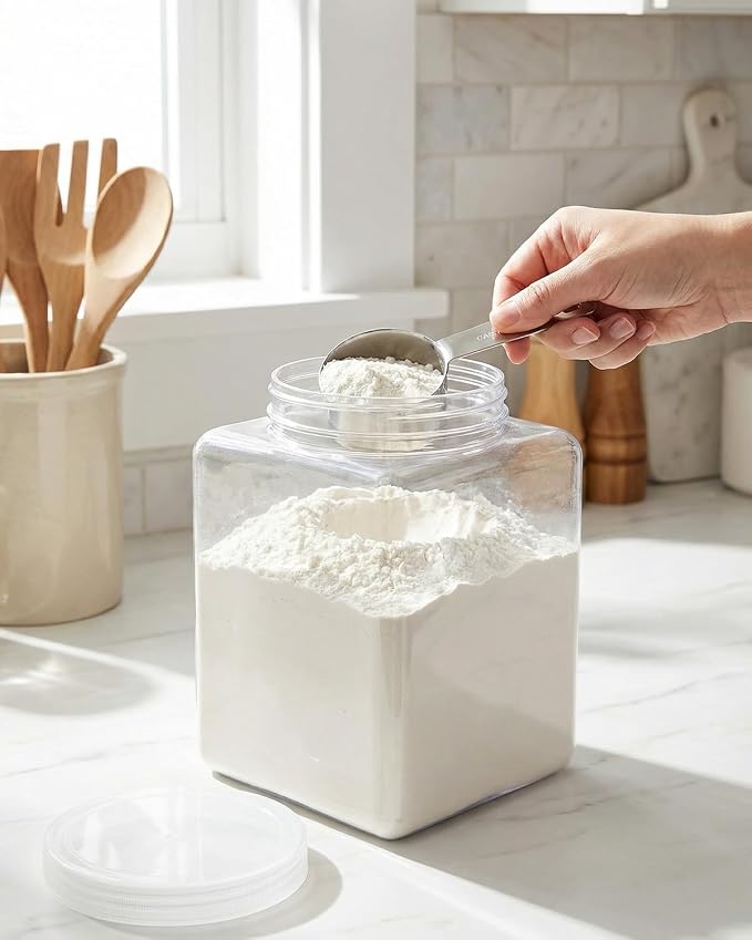 Plastic Storage Jars, 4 Pack Square Wide Mouth Containers with Screw Cap Lids, Transparent Moisture Proof Food Canisters, Clear Pantry Storage Jars (5.1 x 5.1 x 6.3 Inches)