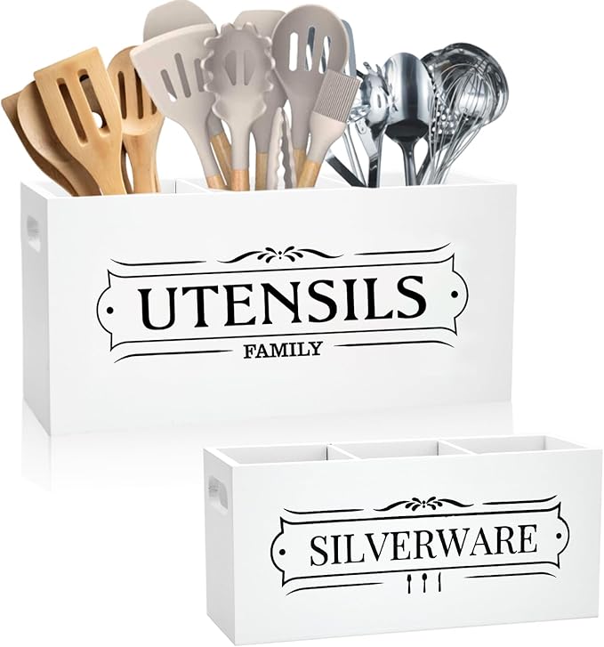 Kitchen Utensil Holder Set - Extra Large Wooden Countertop Organizer for Cooking Utensils, Cutlery and Flatware, Farmhouse Kitchen Decor, Silverware Caddy for party (White, Large)