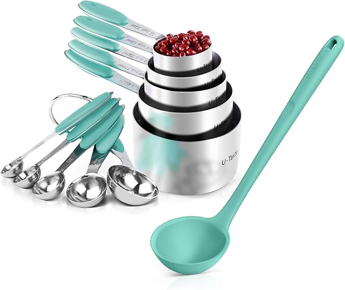 U-Taste 18/8 Stainless Steel Measuring Cups and Spoons Set of 10 Piece (Aqua Sky), U-Taste 600ºF Heat Resistant 11.38in Silicone Spoon Spatula (Aqua Sky)