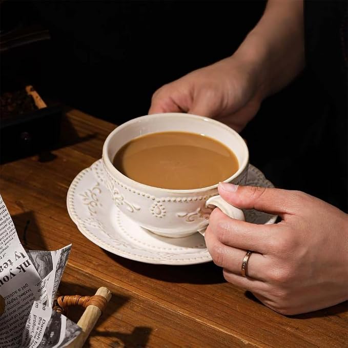 6 oz Cappuccino Cups with Saucers, Suit For House-warming, Ceramic Embossment Coffee Cup for Au Lait, Double shot, Latte, Cafe Mocha, Tea - Set of 4, Arctic white