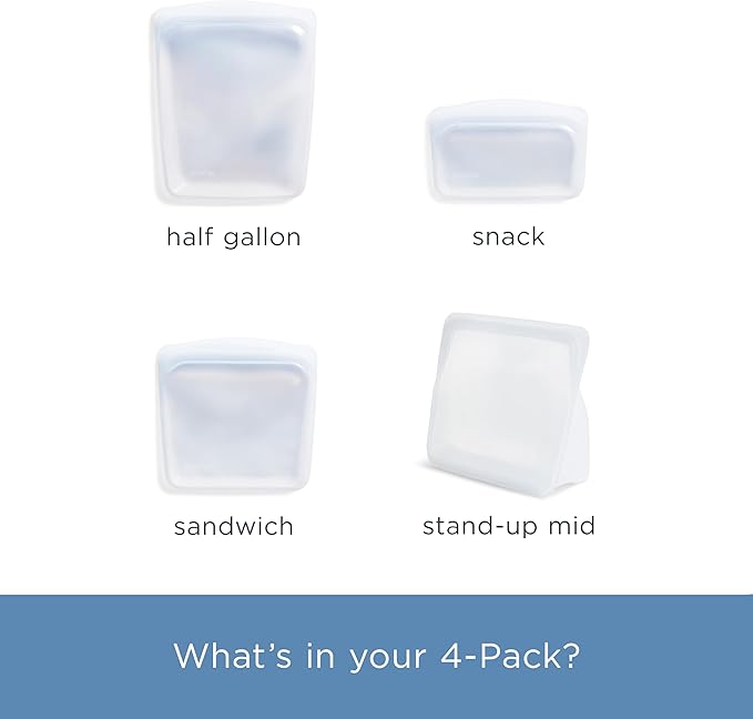 Stasher Silicone Reusable Storage Bags, 4-Pack, Reusable Freezer Bags, Microwave, Dishwasher, Oven Safe, Sous Vide, Premium Lunch Containers, Eco Friendly, Food-safe Silicone Snack Bag, Clear | Reusable Food Bags