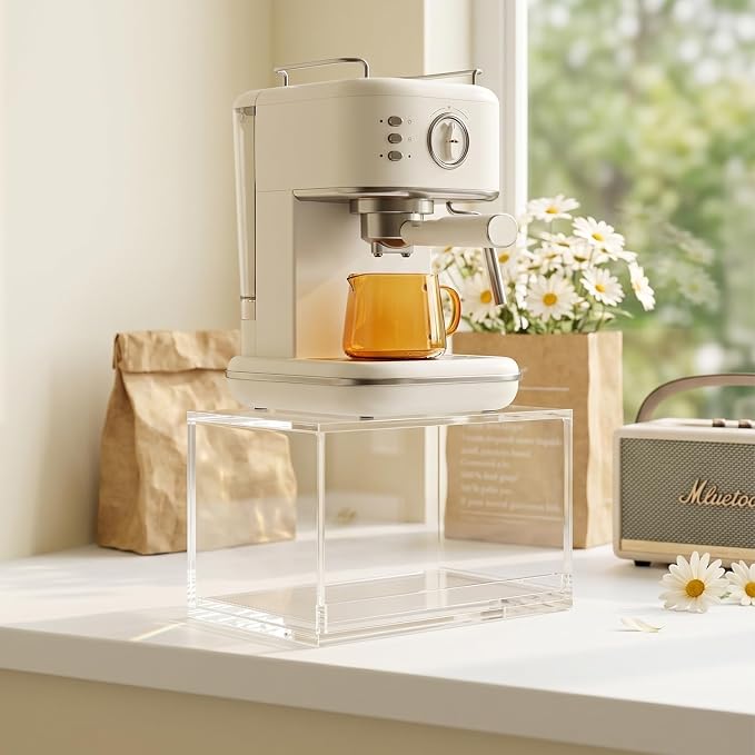 Clear Acrylic Coffee Bar Drawer, Countertop Espresso Machine Stand with Storage, Kitchen Organizers and Accessories for Cups, Mugs, Pods (14" x 8.1" x 8.1")