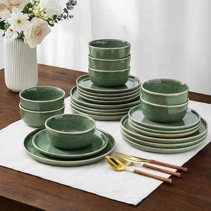 AmorArc Stoneware Dinnerware Sets,Round Reactive Glaze Ceramic Plates and Bowls Set,Highly Scratch Resistant | Dishwasher & Microwave Safe Dishes,Service for 6 (18pc) Jade Green