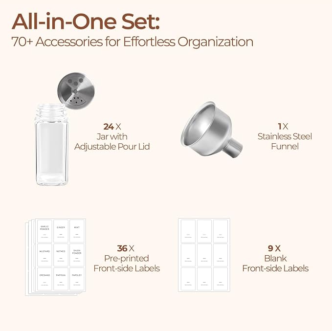 ComSaf Aesthetic Minimalist Spice Jars Set with Adjustable Shaker Lids, 4oz 24PCS Glass Spice Containers with 45 Labels, Square Condiment Jars for Kitchen Organization, Salt and Pepper Seasoning Set